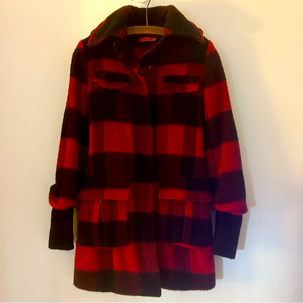 Alice + Olivia Red Black Buffalo Plaid Wool Blend Coat Sz XS-Flaw